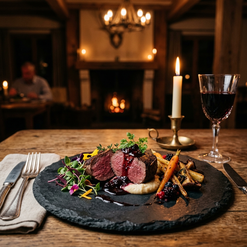 Gastronomía gourmet de caza en el lodge Freecast